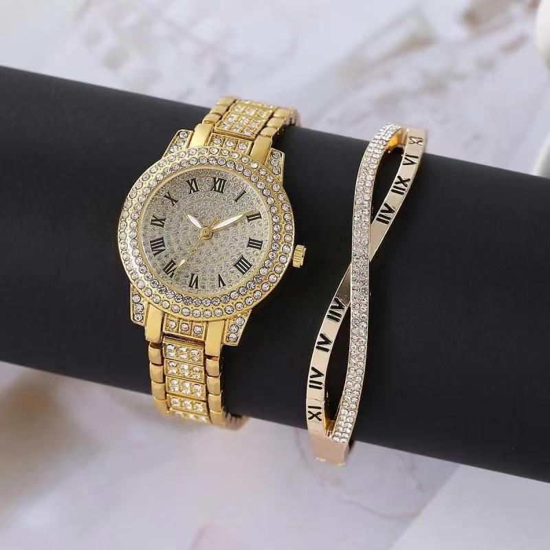 Volldiamant römische Ziffer Stahluhr für Frauen voller Sterne Temperament Business Quarzuhr Hip Hop Stil Volldiamant Armband Set_voghion.com