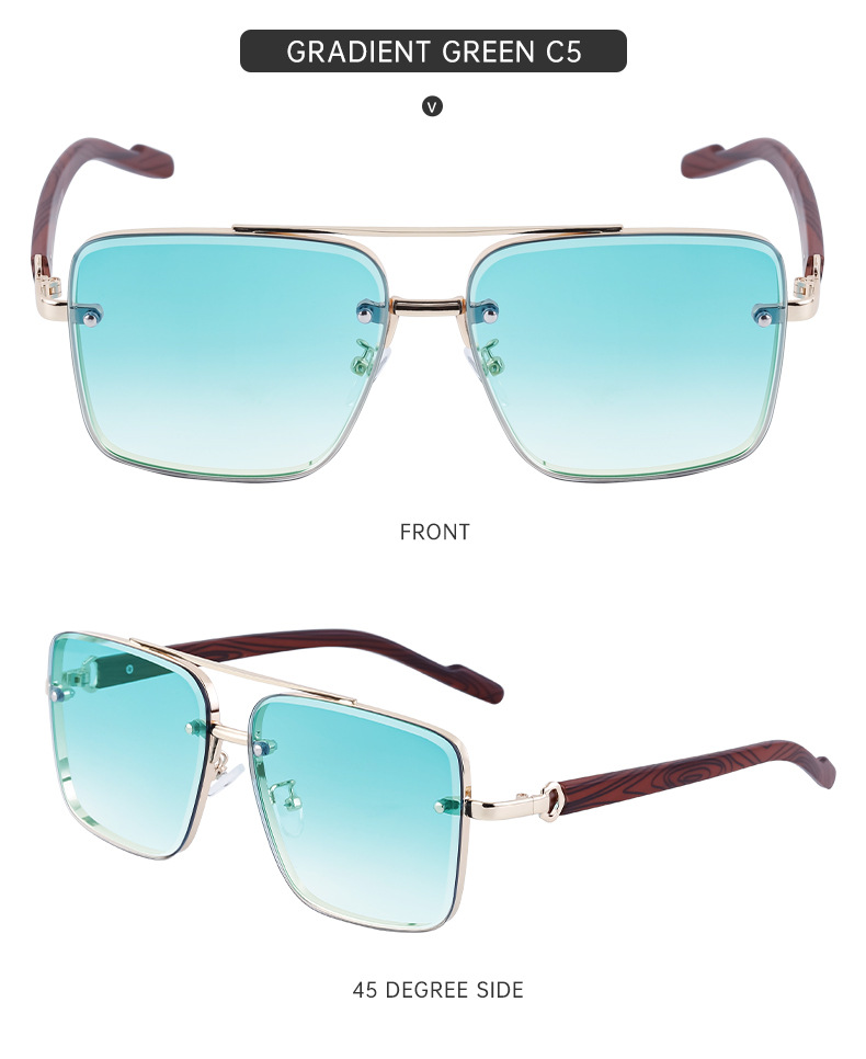 2024 Neue europäische und amerikanische Vintage-Doppelstrahl-Sonnenbrille aus Metall für Herren, Spiegelbeine aus Holzimitat, Anti-Blaulicht-Sonnenbrille für Herren_voghion.com