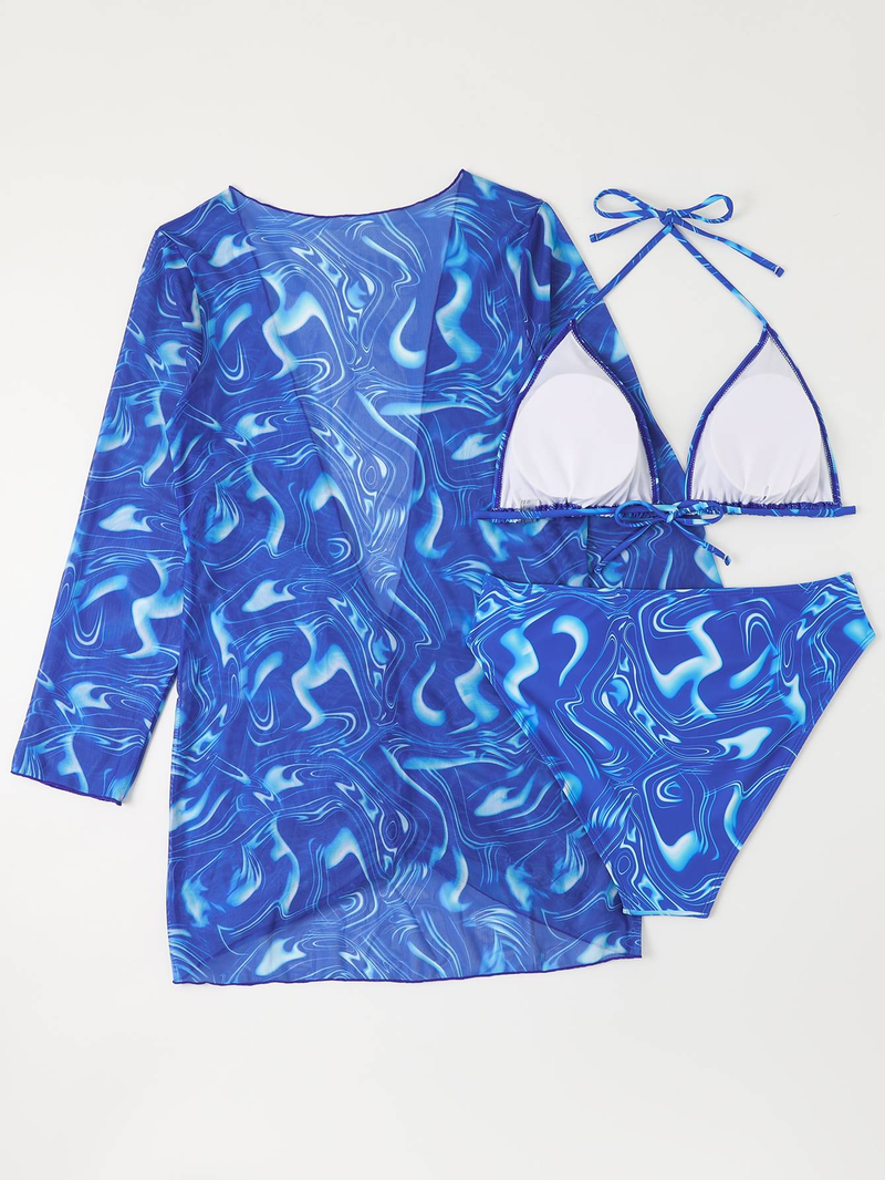 Large size long sleeved mesh hoodie paired with sexy bikini three piece swimsuit_voghion.com