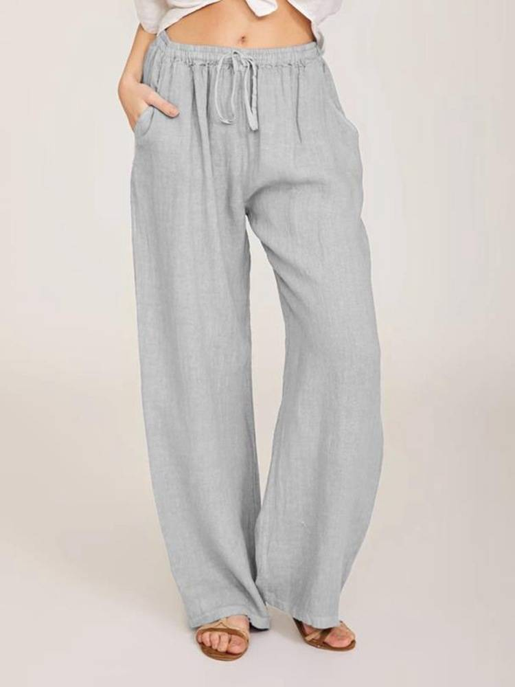 Women's Cotton Linen Pants Casual Loose Solid Elastic Waist Pocket Straight Trousers Ladies Oversize Wide Leg Pant Streetwear_voghion.com