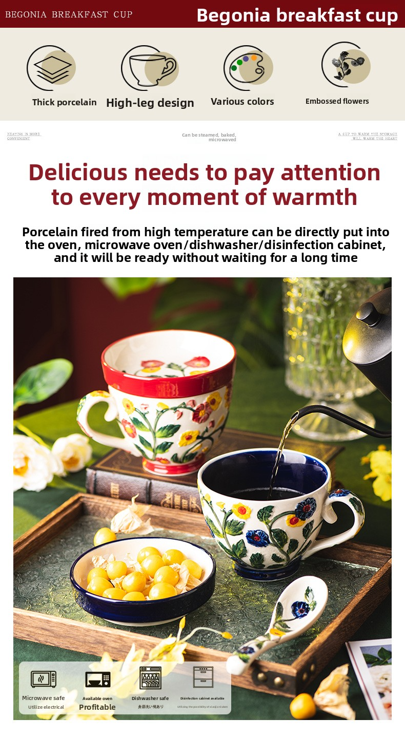 Blue & Red Hydrangea Ceramic Mug Set With Lid – 550ml Large Vintage Floral Coffee Cup Compatible With Snack Dish & Spoon_voghion.com
