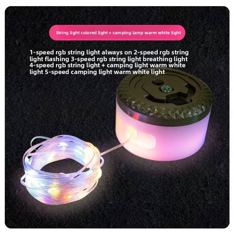 Cordão de luzes de acampamento à prova d'água de 10 m com 100 LEDs, carregamento USB tipo C, armazenamento em carretel IP65, modos quente e colorido para áreas externas, barraca, jardim, festa_voghion.com