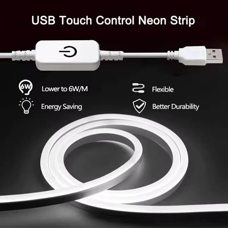 Tira de luces LED de neón USB de 5 V con control táctil, iluminación de silicona flexible y regulable para decoración de interiores._voghion.com