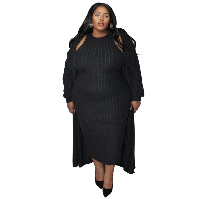 Plus Size Casual Two-Piece Set – Ribbed Knit Long-Sleeve Top & Midi Skirt (Black, Wine Red, Gray, 1XL-5XL)_voghion.com