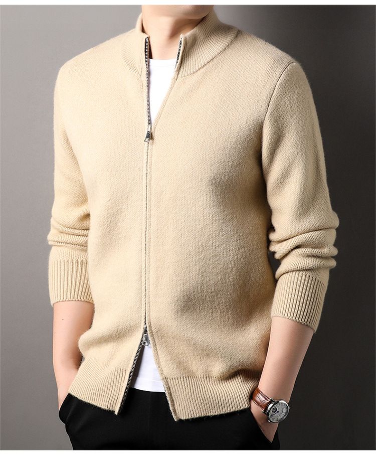 Herrenbekleidung Herren-Strickjacke mit Stehkragen und Reißverschluss – Minimalistische Strickpulloverjacke (Creme/Grau/Schwarz, M-XXXL)_voghion.com