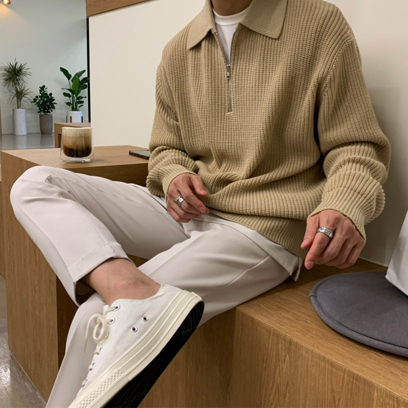 Pullover mit halbem Reißverschluss für Herren, Herbst und Winter, hochwertiges Gefühl, fauler Stil, Polokragen, Strick, lockerer, lässiger Faden_voghion.com