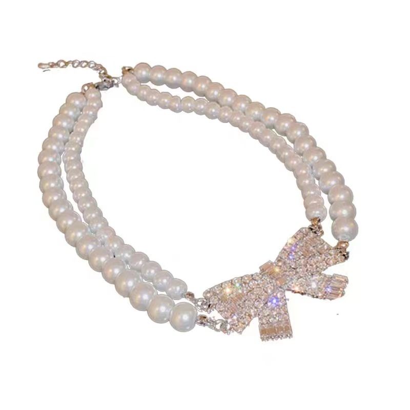 Late romance ~ flitsende diamanten strik parelketting vrouwen design gevoel stijl choker socialite ketting_voghion.com