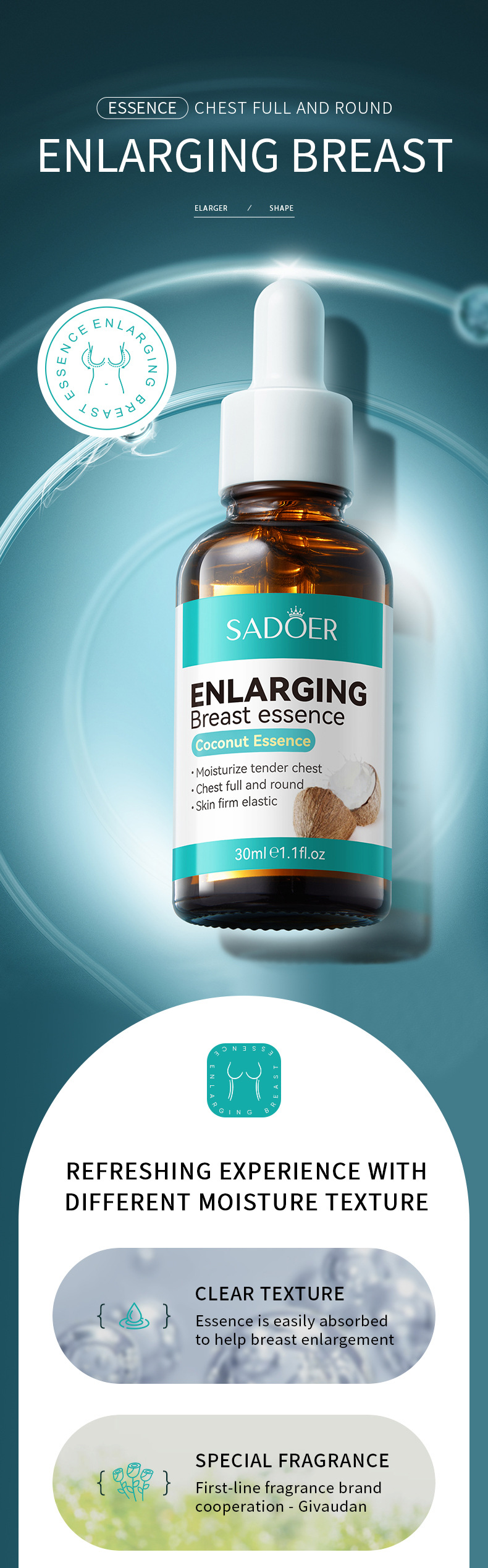 SADOER Lozione all'estratto di cocco Essenza rassodante per il seno Olio essenziale per la cura del massaggio ricco_voghion.com