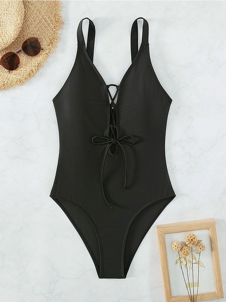 Damenbekleidung neuer konservativer einteiliger Badeanzug für Damen, einfarbig, mit Kordelzug, ausgehöhlter, enger Strandbadeanzug_voghion.com