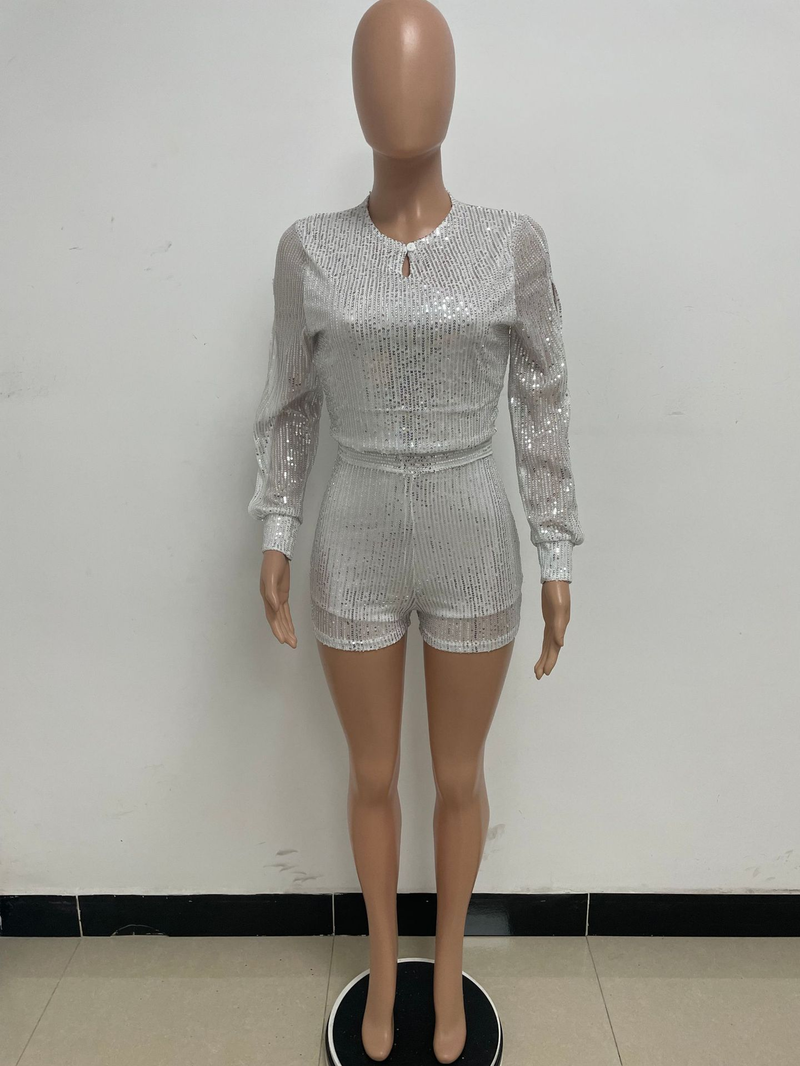 Damkläder jumpsuit mode smal långärmad slits paljettjumpsuit_voghion.com