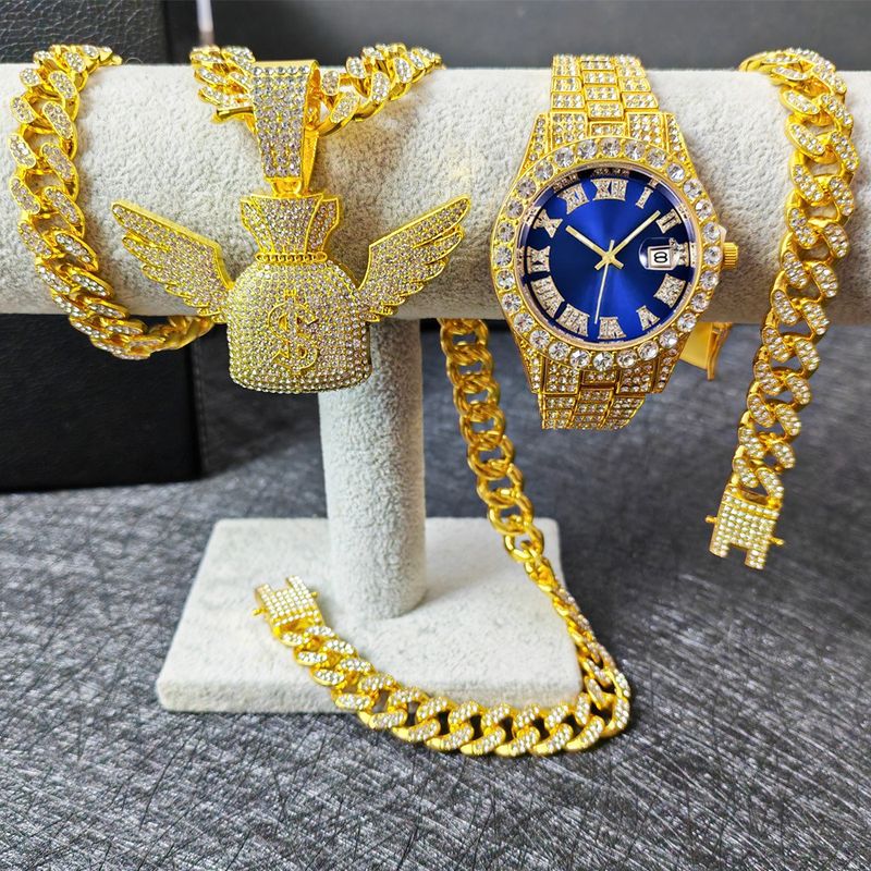 Conjunto completo de relógios de ouro hip hop com corrente cubana e diamantes, pulseira e colar com cristal líquido_voghion.com