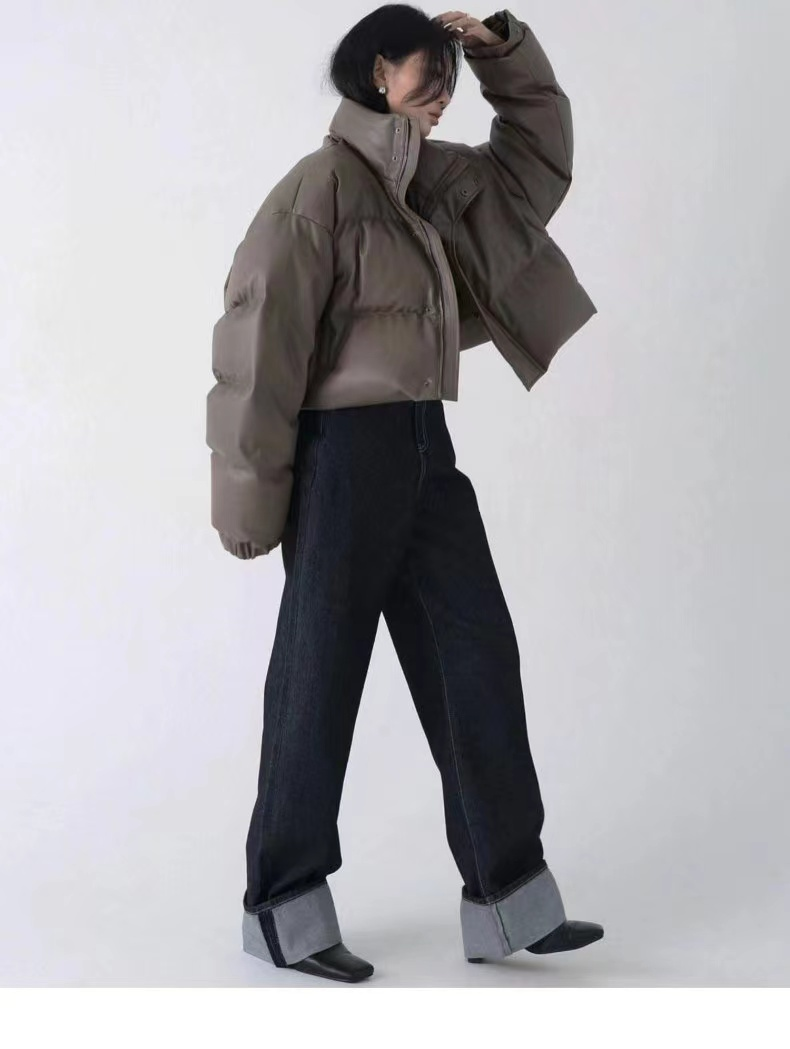 Abrigo corto de algodón y cuero PU para mujer, abrigo de invierno nuevo de pan grueso, abrigo para mujer, chaqueta acolchada para mujer, chaquetas para mujer_voghion.com