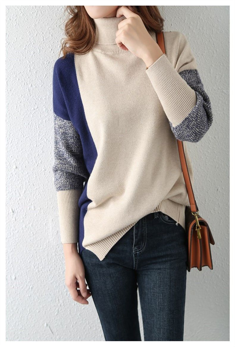 Maglione oversize a collo alto di ispirazione francese – Pullover in maglia color-block con dettagli a coste (vestibilità ampia ed elegante, comodo e indispensabile per un look a strati)_voghion.com