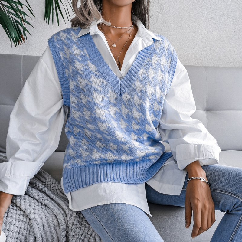 Gilet in maglia casual con scollo a V e motivo pied de poule, autunno inverno 2023_voghion.com