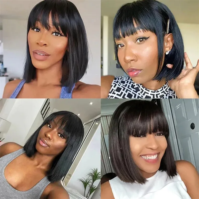 Braziliaanse pruik van echt haar met pony Remy steil haar Bob pruiken Volledig machinaal gemaakte pruik voor vrouwen 8-14 inch Lijmloze bob pruiken_voghion.com