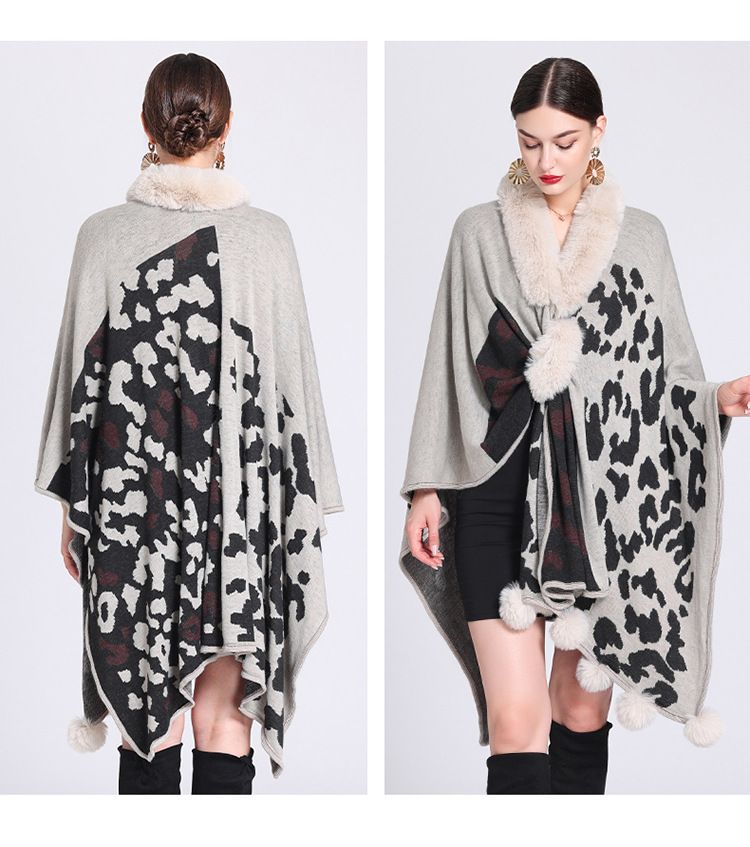 Mantella con collo di pelliccia, mantello con palla di pelliccia, mantello jacquard in maglia larga, cappotto di grandi dimensioni_voghion.com