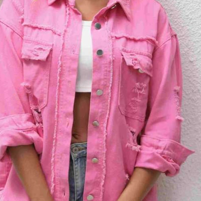 K Women's Loose Denim Jacket With Holes; Plus-size Women's Long-sleeved Denim Coat._voghion.com