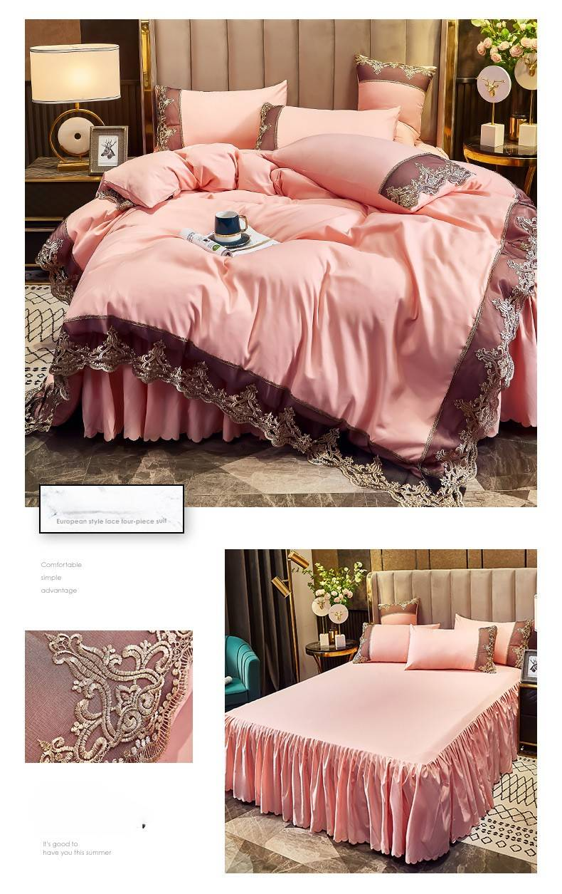 Set di quattro pezzi con gonna da letto in pizzo spazzolato Mona Light Luxury Collection Art Skin Friendly_voghion.com