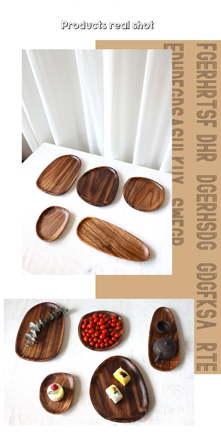 Solid Wood Style Oval Tray Natural Acacia Wood Fruit Plate With Pebble Design For Home Dining_voghion.com