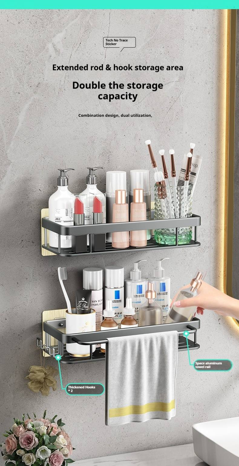 Premium No-Drill Bathroom Shelf – Space Aluminum Wall Mount Organizer For Shower, Toilet & Vanity, Rustproof & Waterproof_voghion.com