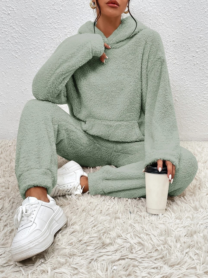Pigiama da donna autunnali, caldo, con scollo rotondo, due pezzi, tinta unita, casual, comodo, abbigliamento da casa per donna_voghion.com
