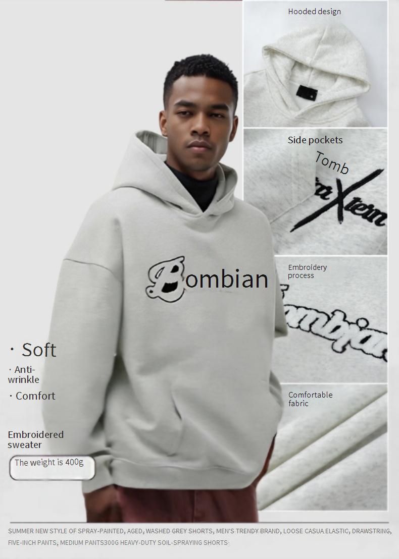 Heavyweight Hoodie – Oversized Pullover Sweatshirt With Embroidered Toweling Fabric (Unisex, M-XXL, Black/Cream)_voghion.com