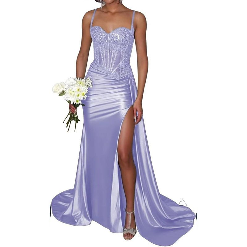 Abito da sera elegante verde senza spalline con spacco alto e piccolo strascico – Abito da sera formale per donna_voghion.com