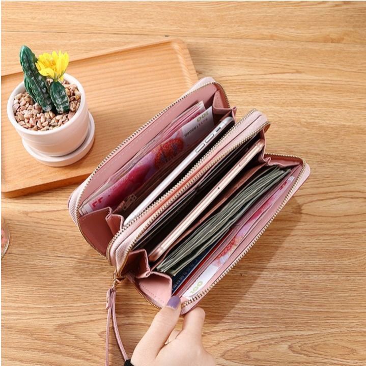 Nueva cartera con doble cremallera para mujer, larga, estilo coreano, con costuras en contraste de color, gran capacidad, doble capa, cartera para teléfono móvil_voghion.com