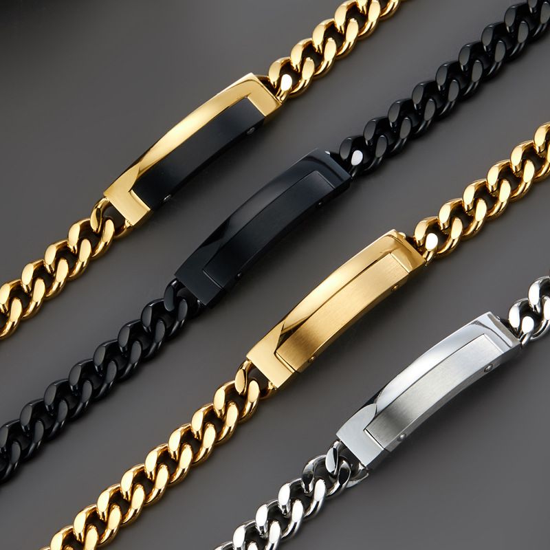 Bracciale con chiusura a farfalla in acciaio inossidabile e targhetta curva per donna, catena cubana spessa_voghion.com