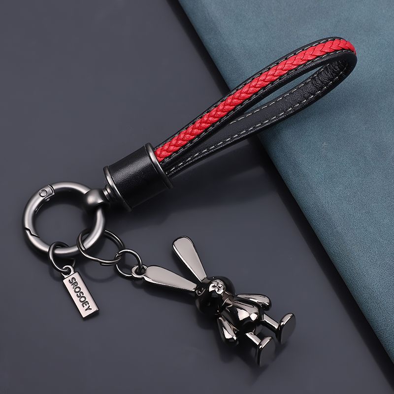 Porte-clés de voiture en cuir de vache, petit lapin, pendentif tridimensionnel, dessin animé, mignon, pour femme, personnalité, couple, sac_voghion.com