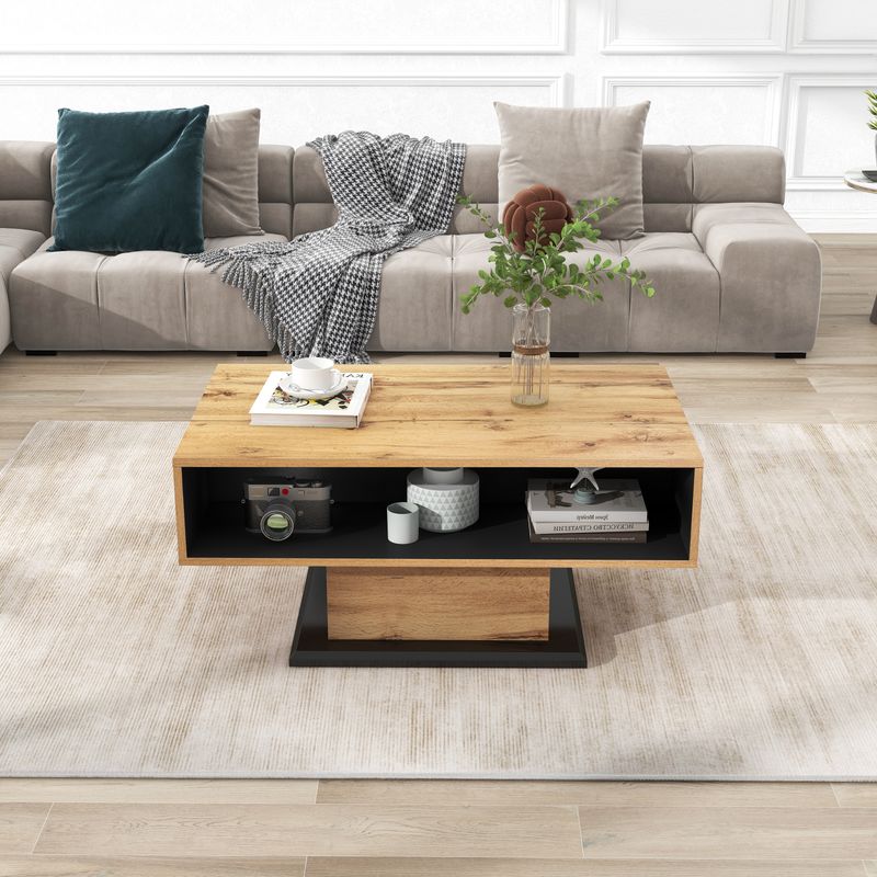Table basse en bois avec tiroir caché, compartiment de rangement ouvert et espace de rangement arrière, rangement double face pour salon ou bureau, table de canapé grande capacité_voghion.com