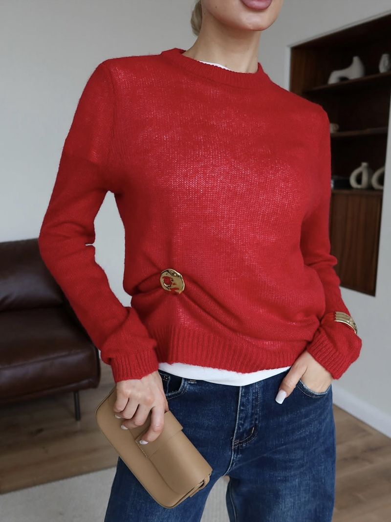 Maglia leggera da donna - Maglione oversize trasparente con scollo rotondo nei colori pastello (cachi, rosso, bordeaux, giallo, menta, azzurro, caramello, rosa)_voghion.com