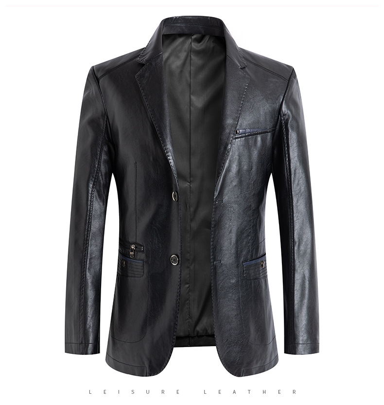 Herrenbekleidung Herren-Blazerjacke aus PU-Leder – Slim Fit Business Casual Anzugmantel mit knitterfreiem Design, mehreren Taschen_voghion.com