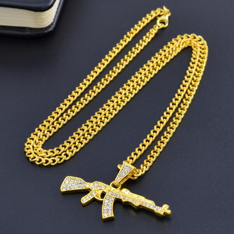 Moda Ak47 Collana con ciondolo a forma di pistola per donna Uomo Regali Hip Hop Oro Argento Fucile mitragliatore Esercito Maschile Catena Girocollo Gioielli_voghion.com