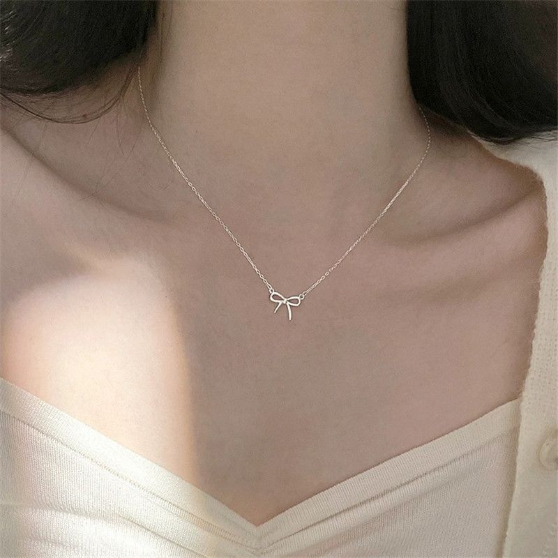 Fashion Sterg Sier Simple Fashion Bowknot Choker Pendant Necklaces For Women Female Gift XN281_voghion.com