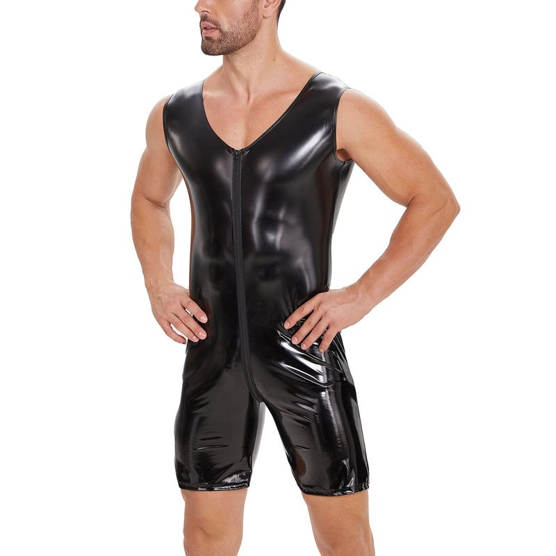 Herrkläder Elastiska strumpbyxor för scenframträdanden för män, spegelblanka läderjumpsuits, sexiga byxor med dragkedja och gren för män_voghion.com
