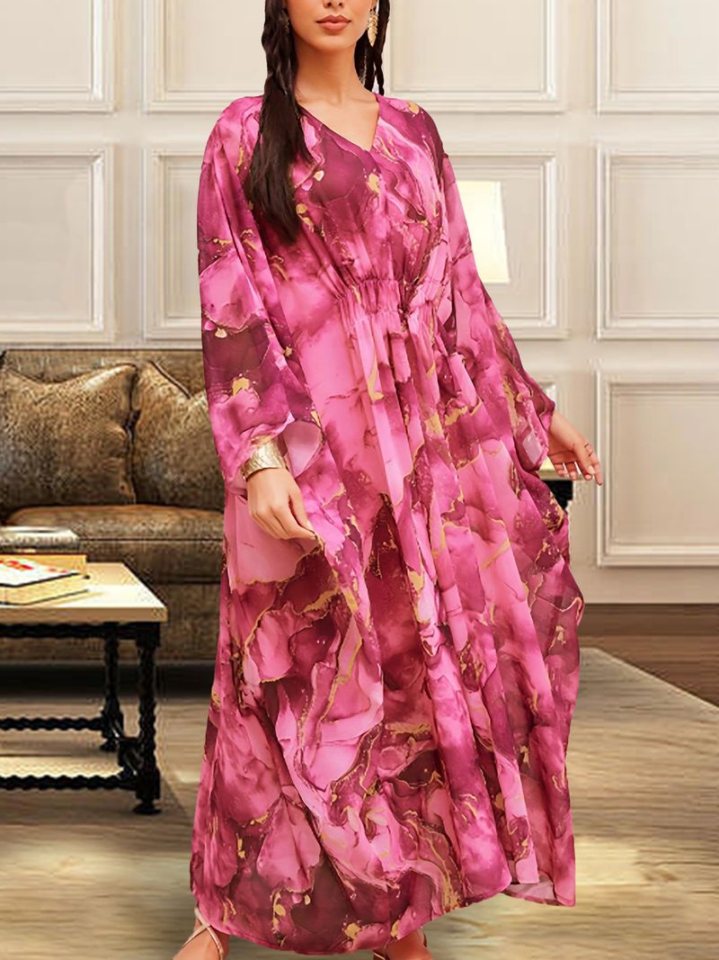 Elegante abito lungo musulmano con scollo a V e stampa floreale per donna - Abito lungo ampio e modesto con maniche a pipistrello (rosso rosa)_voghion.com