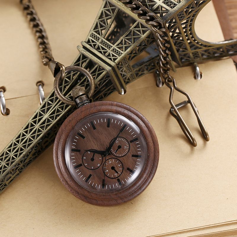 Vintage Wooden Pocket Watch With Dual-Loop Chain - Unisex Quartz Timepiece In Natural Wood Finish (45mm Case, Alloy Strap, Multiple Color Options)_voghion.com