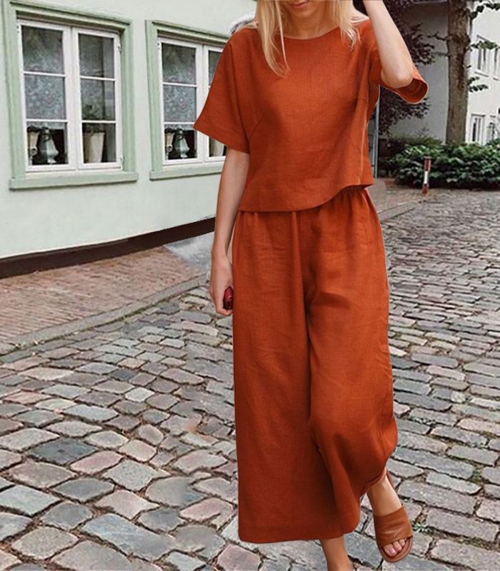 Damen große Größe Anzug Leinen Freizeit lose einfarbig Anzug zweiteiliger Anzug_voghion.com