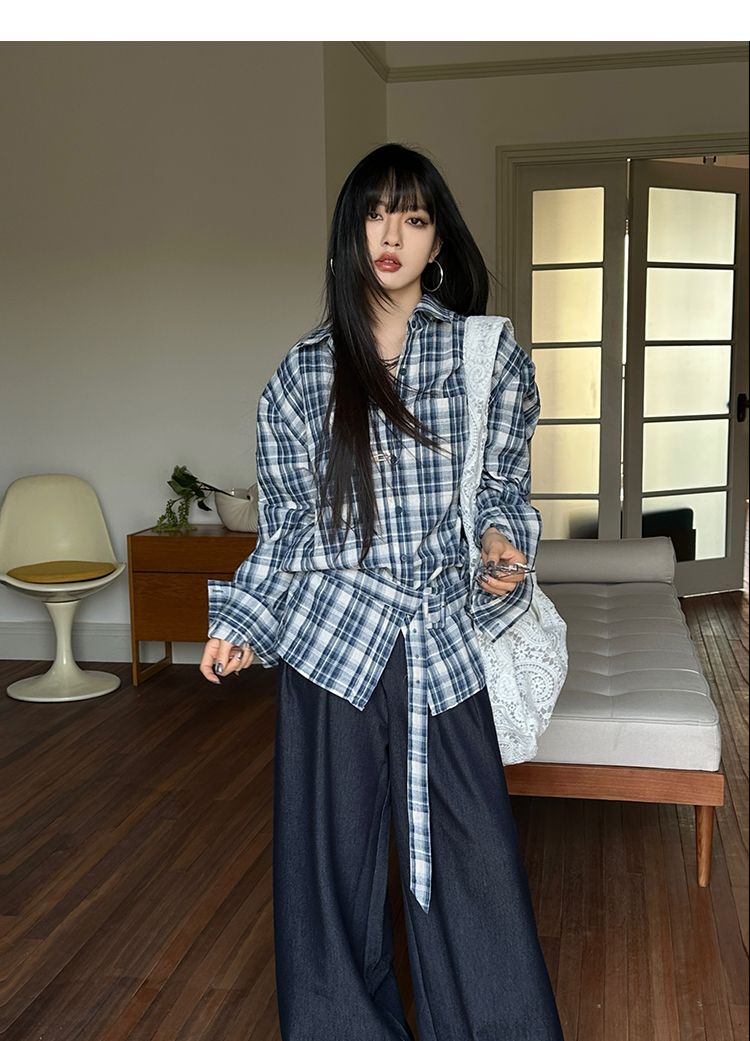 Stilvolles blaues Hemd für Damen, lässig, mit Bindegürtel, langärmelig, karierte Bluse_voghion.com