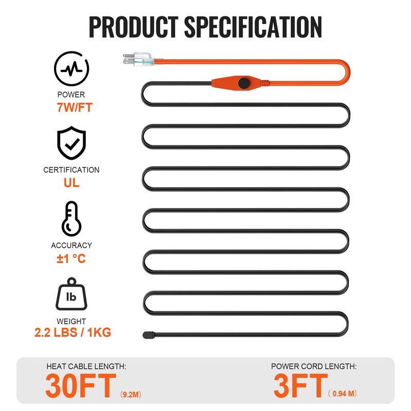 Pipe Heating Cable 30FT 7W/FT Heat Tape For Pipes With Built-in Thermostat_voghion.com
