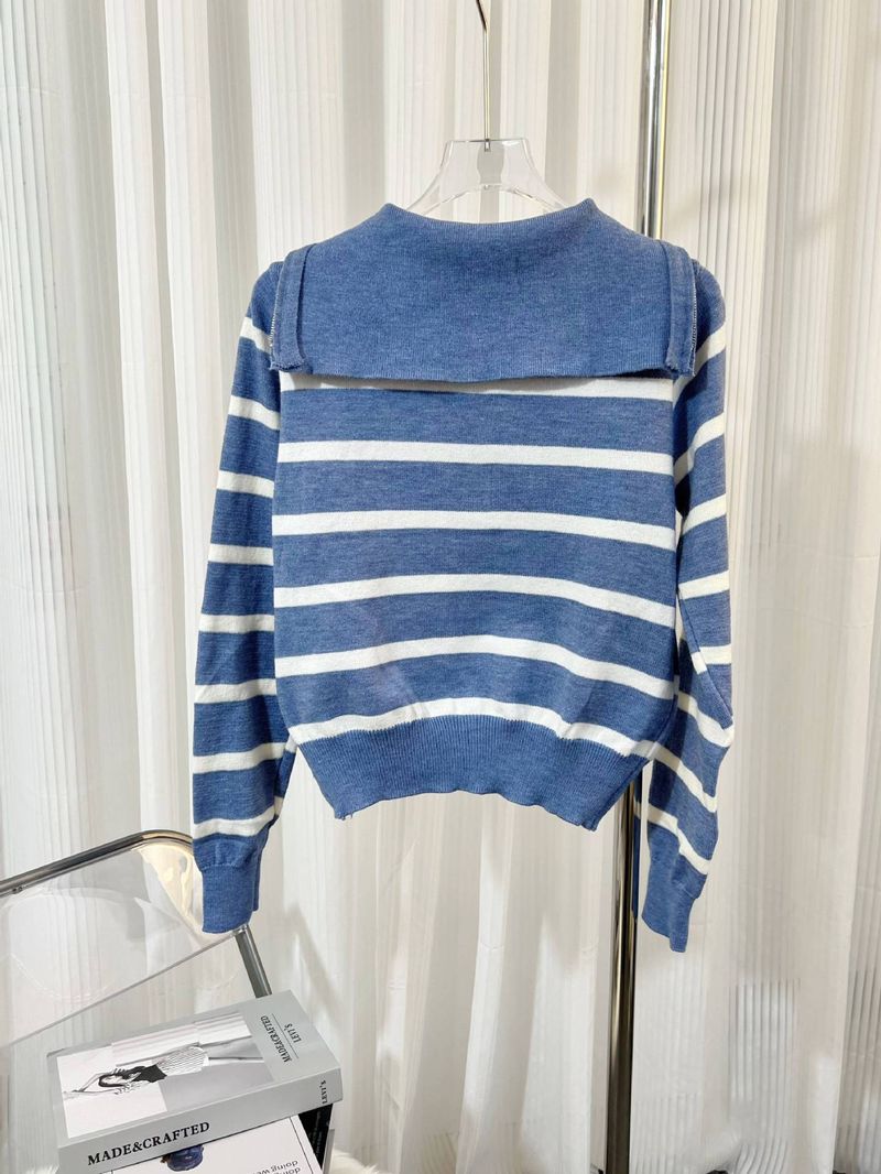 Women's Clothing Zipper Contrast Color Striped Knit Sweater With Zip Collar - Casual Loose Fit Pullover For Autumn Winter, School Style Slimming Top_voghion.com