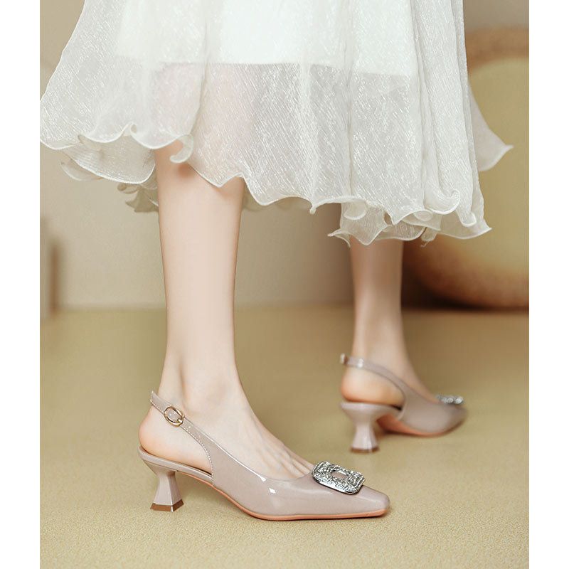 French Style Square High Heels Thin New Summer Backless Single Shoes Mid Heel Patent Leather Red One Strap Closed Toe_voghion.com