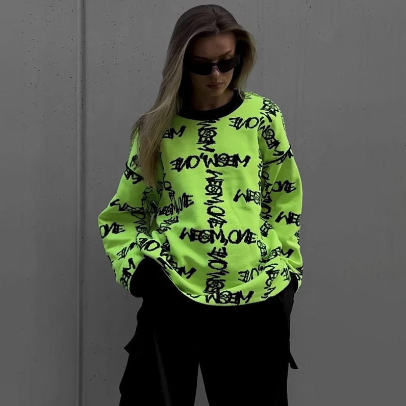 Lockerer, lässiger, kontrastfarbener, fauler Pullover-Pullover im Street-Style, personalisierter Buchstabe, langärmeliges Strickoberteil für Damen_voghion.com
