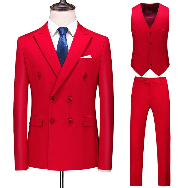 Men's Clothing large size suit three piece double breasted solid color hollow business casual suit_voghion.com