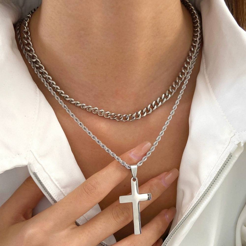 Gold cross titanium steel necklace men's personality hip hop double layer stacking necklace jewelry_voghion.com