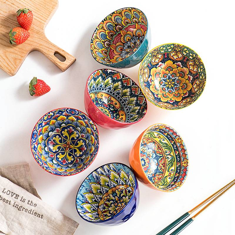 Bohemian Ceramic Soup Bowl Set 6 Piece Hand Painted Under Glaze Dinnerware Microwave Dishwasher Safe 32oz Large Noodle Bowls_voghion.com