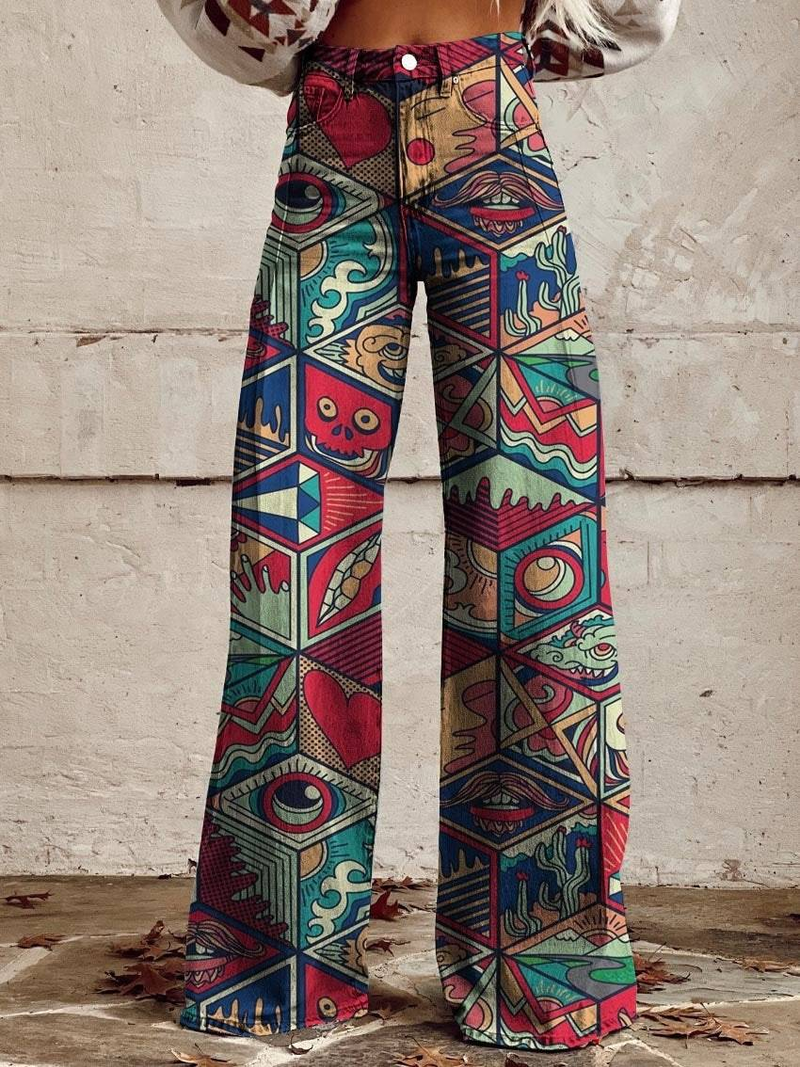 Dameskleding Casual Broeken Trendy Jeans Bell Bottom 3D Geprint Twill Wijde Pijpen_voghion.com