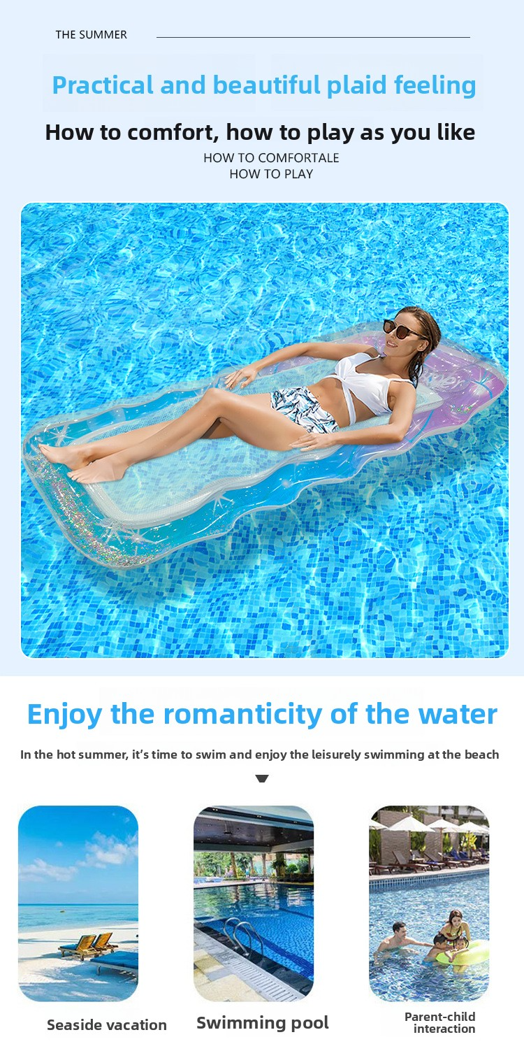 Eco-Friendly PVC Inflatable Sun Lounger With Neck Support & Gradient Glitter Waves - Single Thickened Floating Chair (Quick-Dry Heavy-Duty)_voghion.com