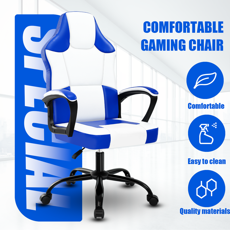 Gaming-Stuhl mit ergonomischem Design, hochelastischem Schwamm, PU-Leder, leisen Rädern, verstellbar, bequem für lange Stunden, für Teenager, Erwachsene,_voghion.com